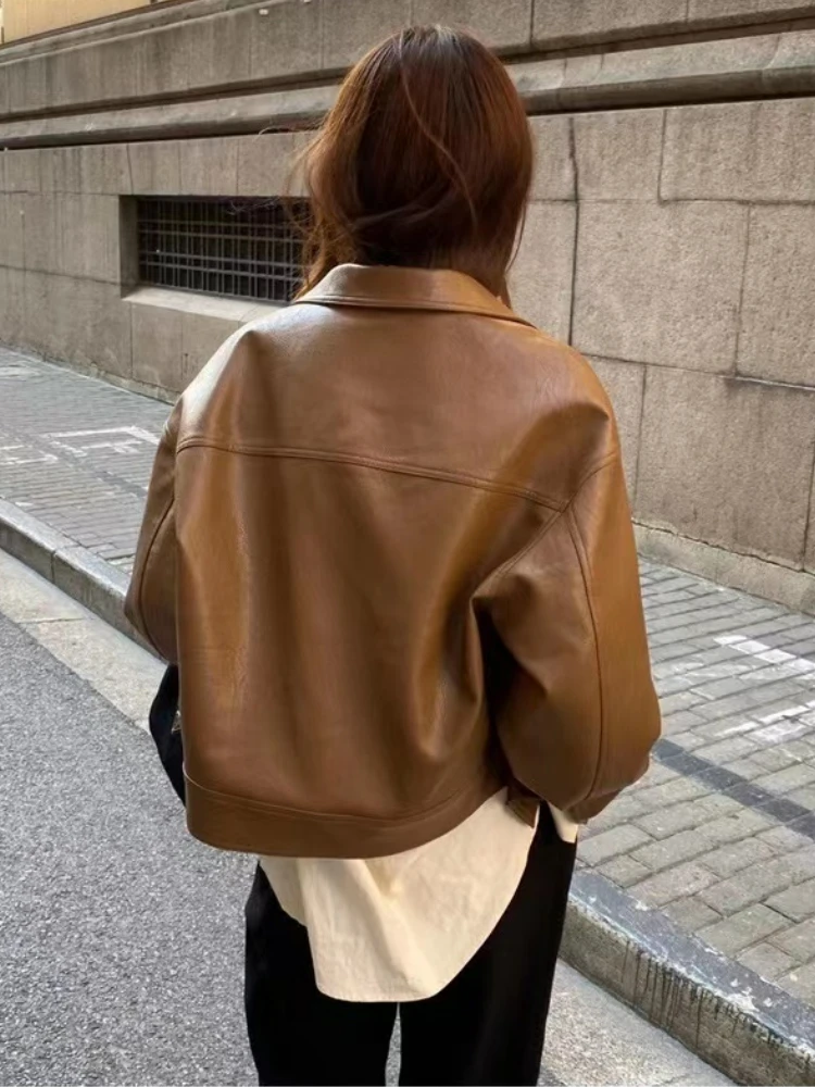 Vintage Button Leather Cropped Jacket Women Loose Korean Fashion Thin Biker Jacket Female Streetwear 2022 Autumn Chic Moto Coats