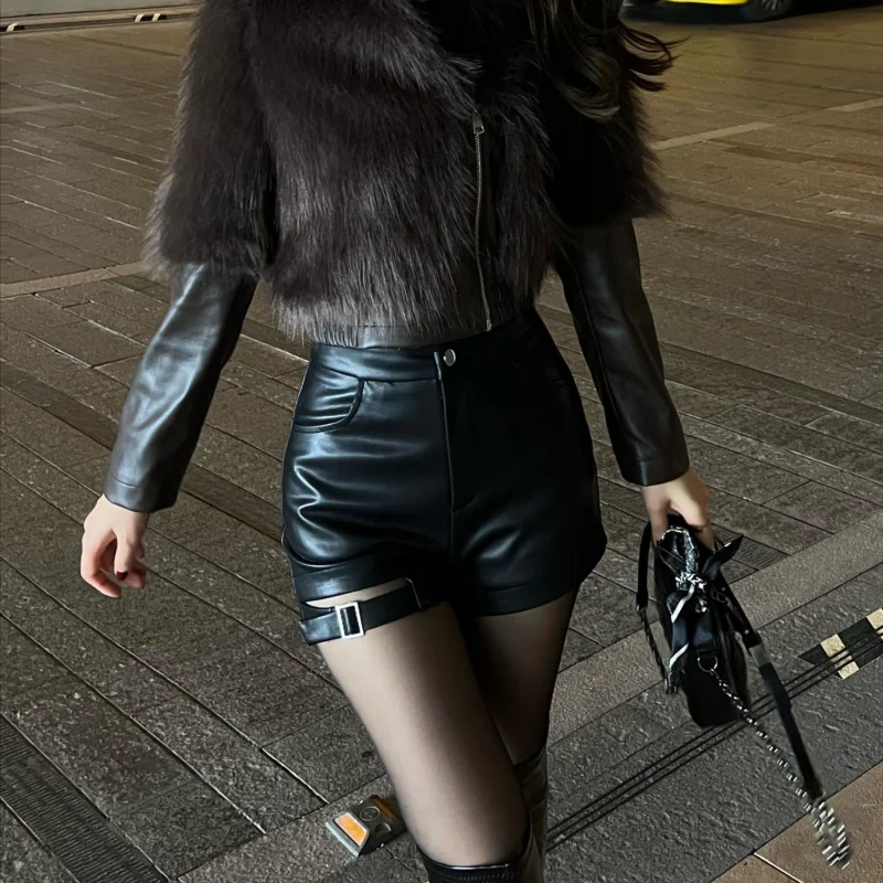 Black Pu Leather Shorts Women's Tight Gothic Shorts Street Fashion Y2K Hot High Waist Girl Outfit Slimming Casual