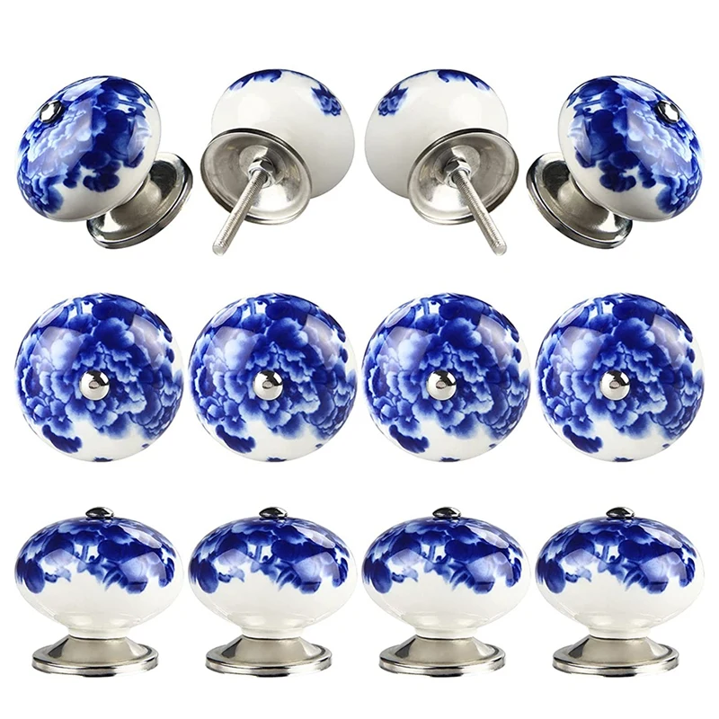 

12Pcs Handmade Ceramic Door Knobs For Cupboards Cabinet Knobs Blue On White Wardrobe Door Handles Comes With Screw Cap