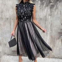 fashion women dress elegant mesh patchwork sleeveless lace mid calf stand collar large hem elegant summer dress for dating