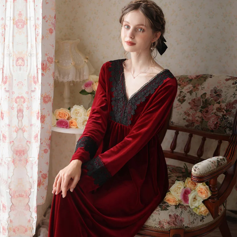 2022 Women Nightdress Fleece V-Neck Lace Sleepshirt Nightwear Elegant Long Dressing Gown Winter Soild Retro Sleepdress Nightgown