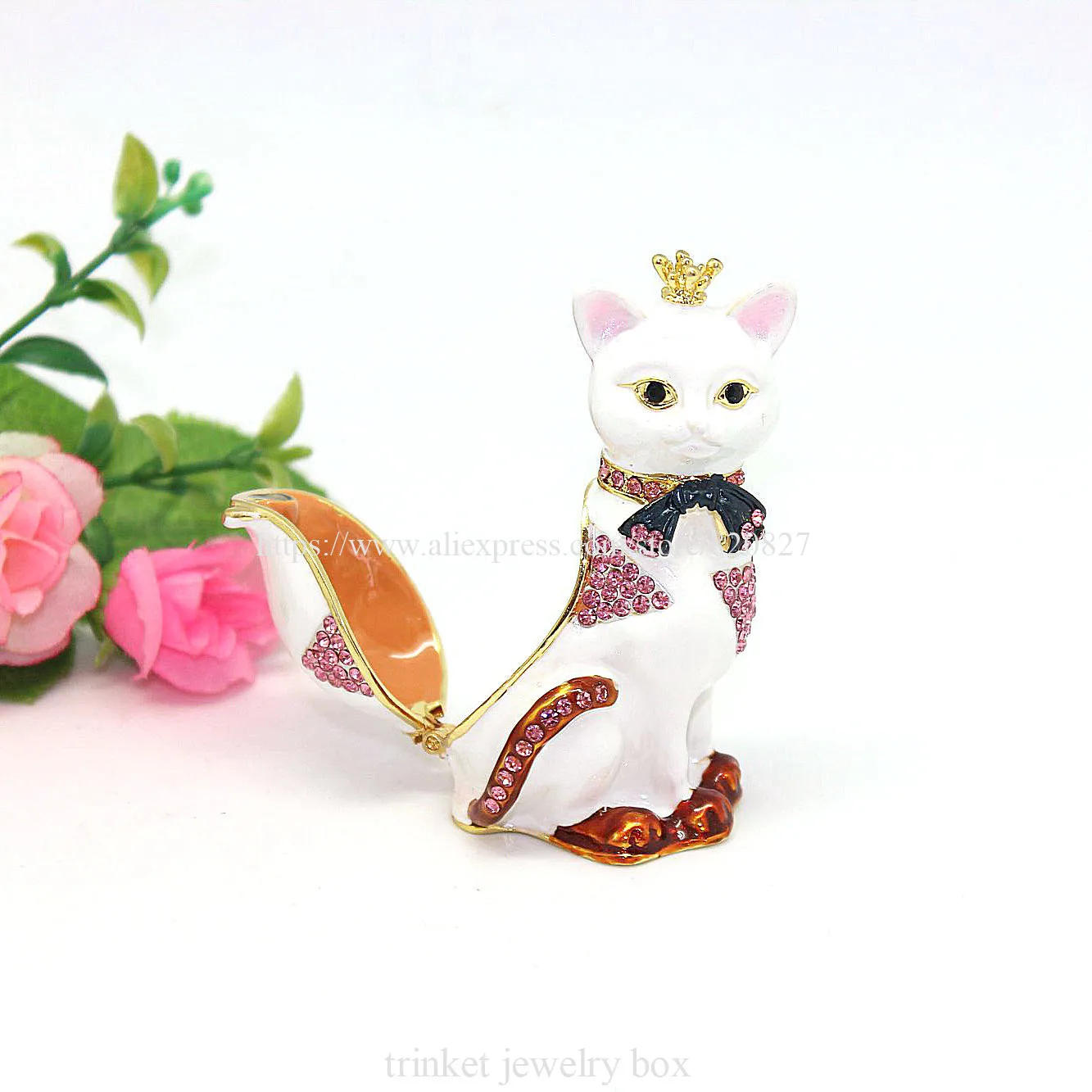 Cat Hinged Jewelry Box with Crystal Stones