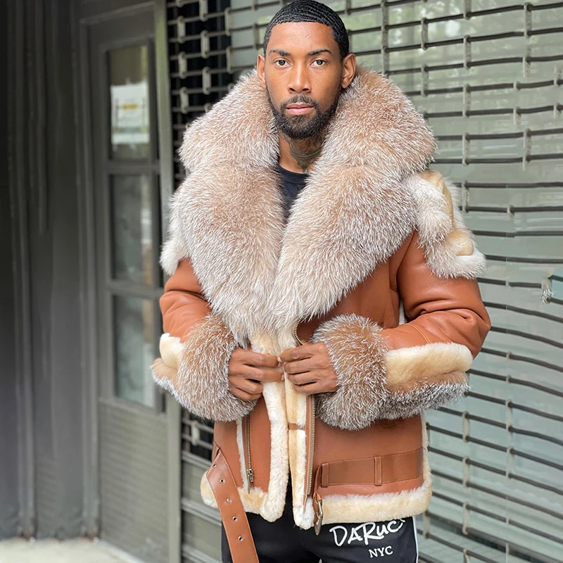 Natural Fox Fur Collar Patchwork Real Sheepskin Motorcycle Jacket Men's High Street Thick Tops Winter Genuine Fox Fur Coat Male