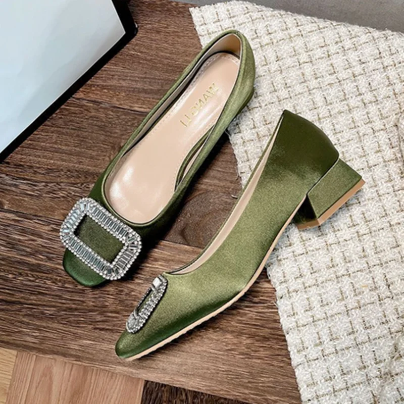 

Women Crystal Square Buckle Low Heels 3cm Slip-On Silk Statin Null Pumps In Green Silver Square Toe Wide Fit Chaussures Designer