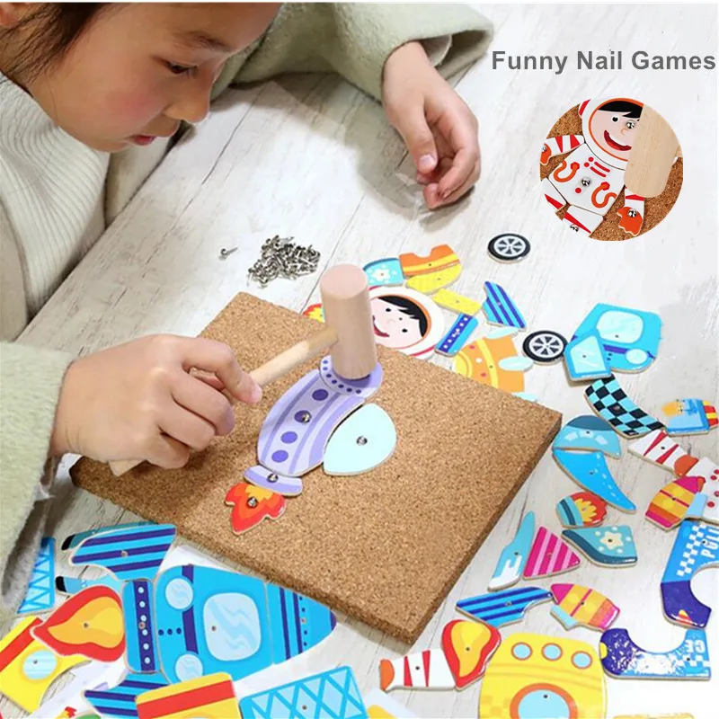 

Hammer and Nails Game Cork Board Tap Art Set Colorful Wooden Pieces in Different Shapes and Mini Tools. Creative Toy for Kids 3+