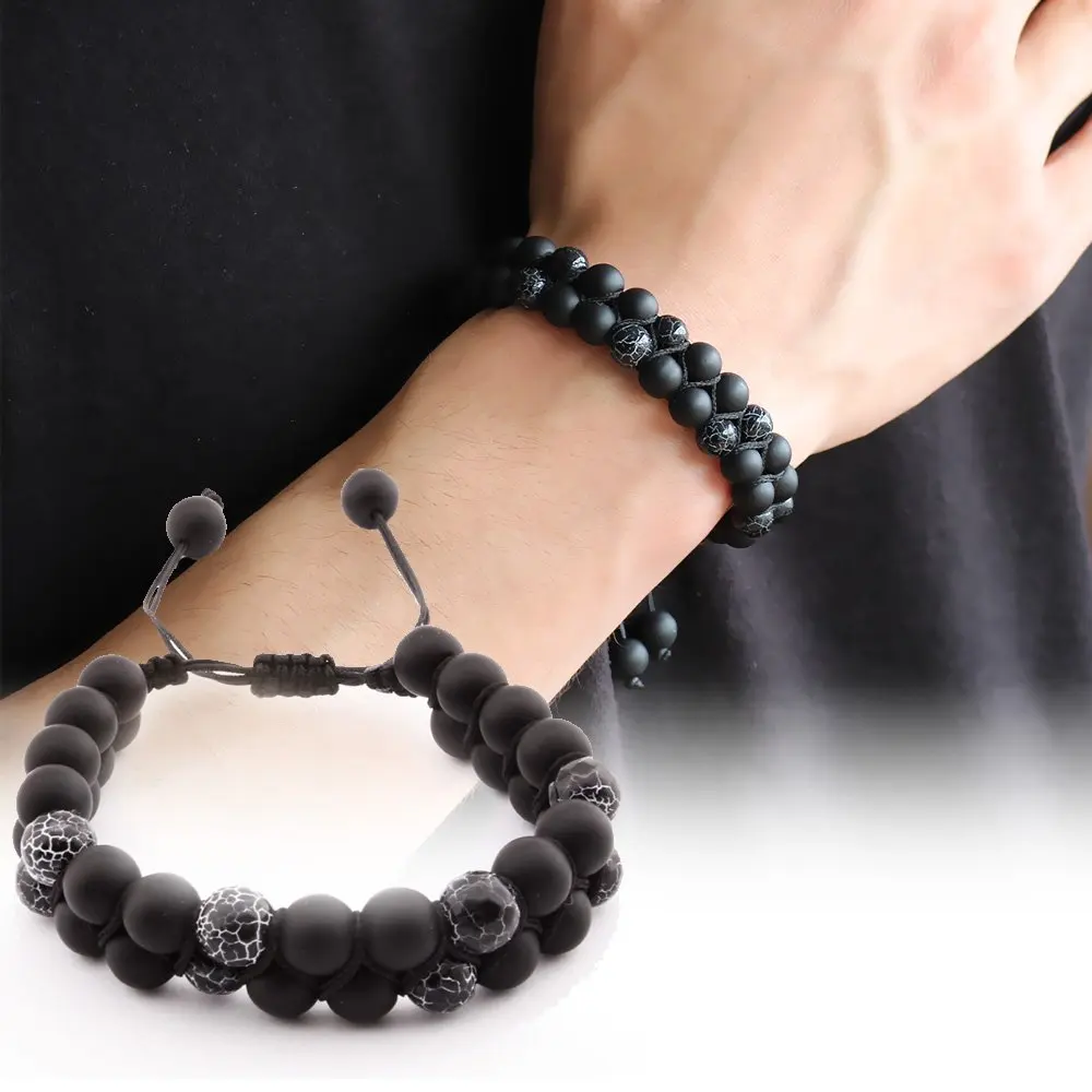 

Nipora Macrame Knitted Double Row Sphere Cut Agate-Onyx Natural Stone Bracelet