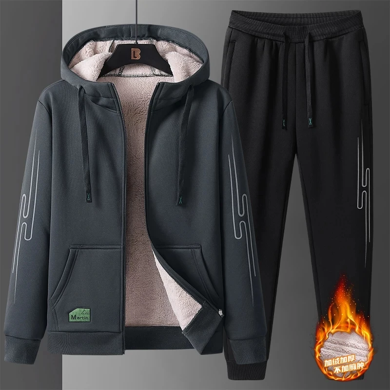 Men's Winter Warm Sets Tracksuit Men Lamb Cashmere Wool Hooded Sweatshirt Thick Sportswear Male Sport Outdoors Suit Casual