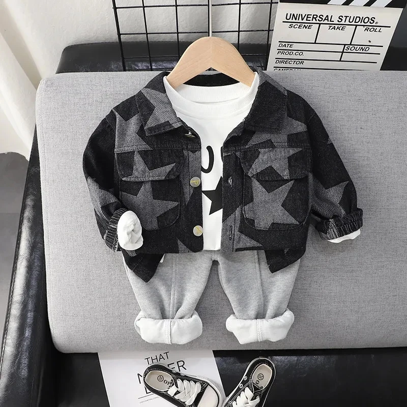 

Baby Boys Clothing Set Kids Tracksuit New Spring Autumn Star Print Denim Jacket+Pullover+Pants 3Pcs Suit Fashion Boys Clothes