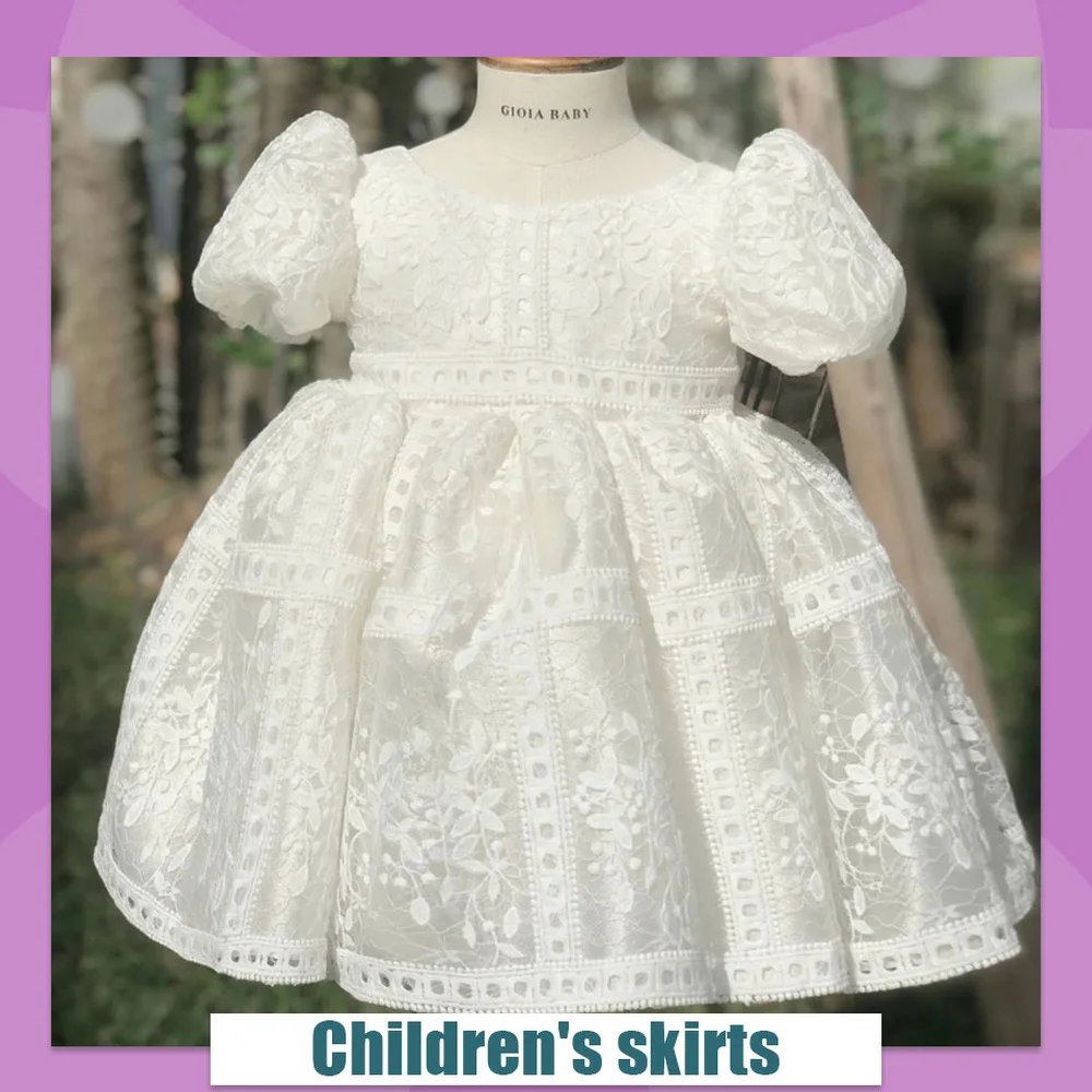Children Dress Girl Diamond Lolita Fluffy Solid White Lace Bow Tie Puff Sleeve Princess Dress Short Ball Gown Sweet Cute Cutout