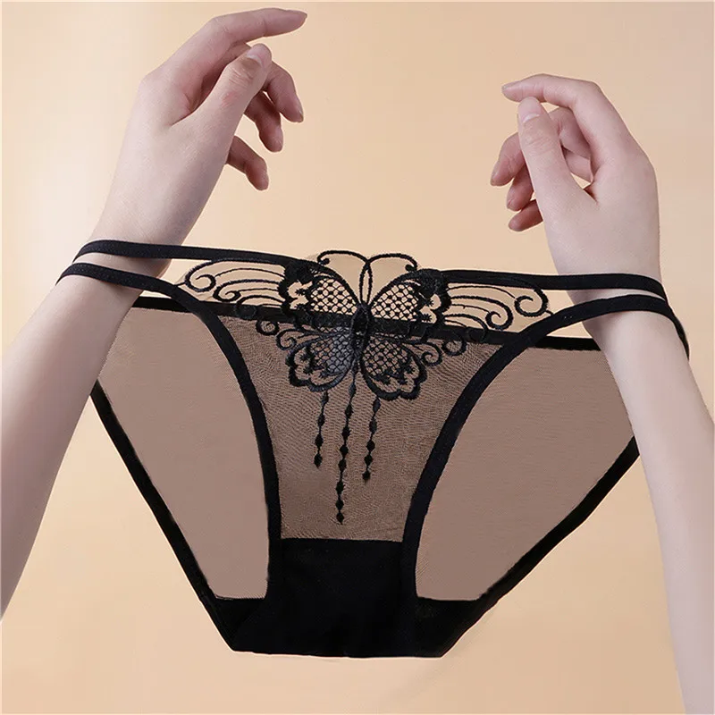 

Nibesser Sexy Lingerie Women Panties Open Crotch Transparent G-string Elastic Thongs Butterfly Embroidered Hollow Out
