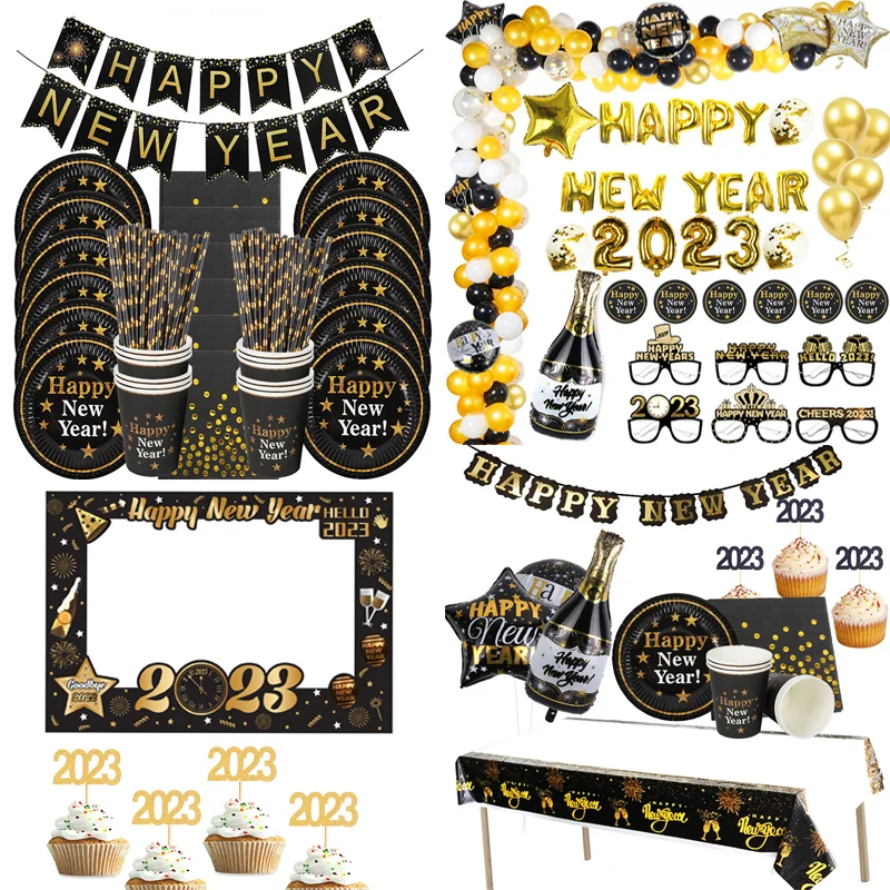 

2023 New Year Photo Booth Props New Year Eve Party Decor Navidad Happy New Year Gold Black Banner Christmas Decorations for Home