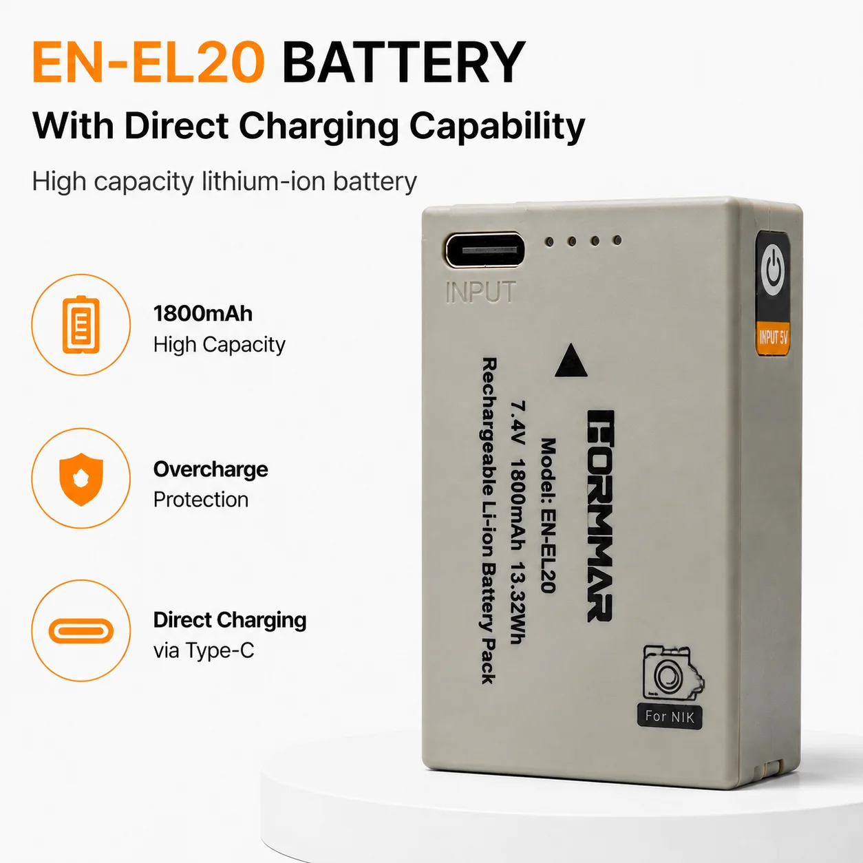 Фото Аккумулятор EN-EL20 EN-EL20A 1800 мАч 7.4 В с зарядкой через USB Type-C, литий-ионный аккумулятор для Coolpix P1000 P950 Nikon 1 J1 J2 J3 AW1 №1