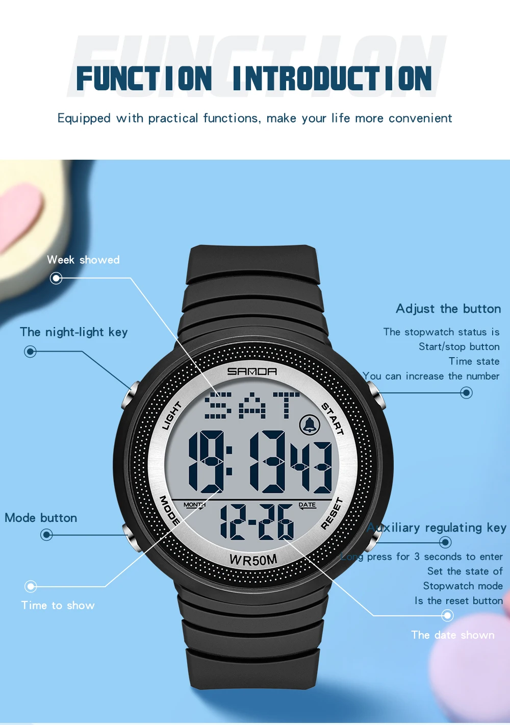 SANDA Watch 6022 Fashion Sport Women's Watches White 50M Waterproof Digital Watch for Girl Casual Wristwatch relogio feminino