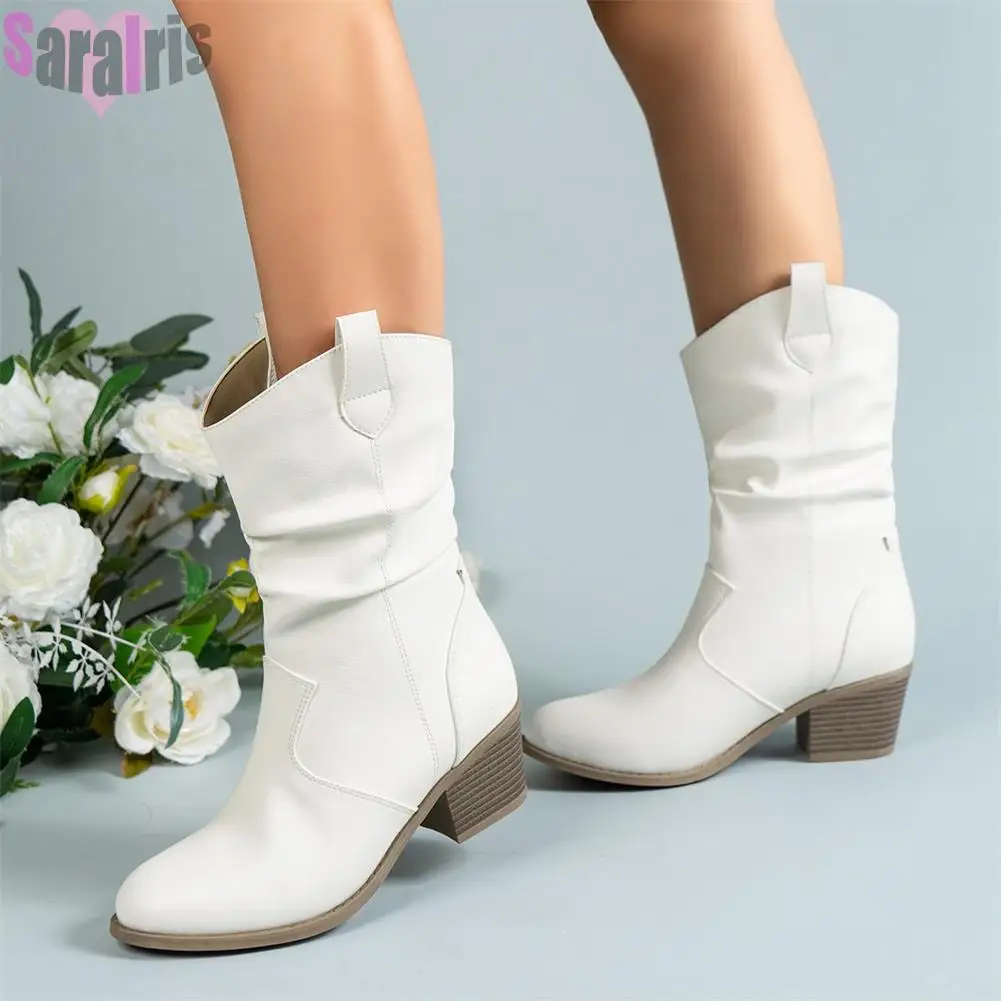 

Western Cowgirl Women Short Boots Chunky Mid Heels Retro Embroider Pull On Country Concert Disco Cowboy Shoes Ankle Boots Woman