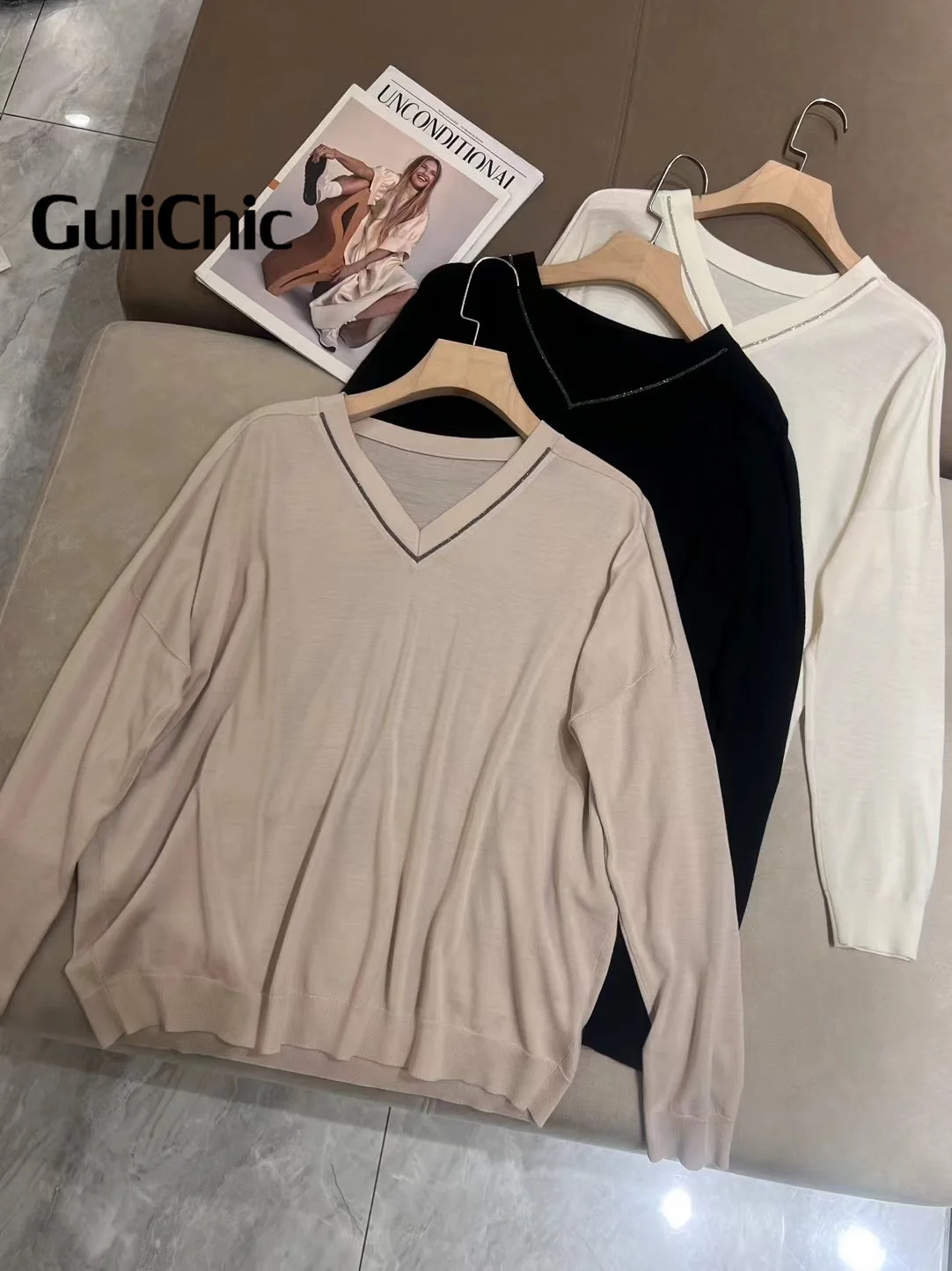 11 16 GuliChic высококачественный вязаный свитер с v-образным вырезом и цепочкой из