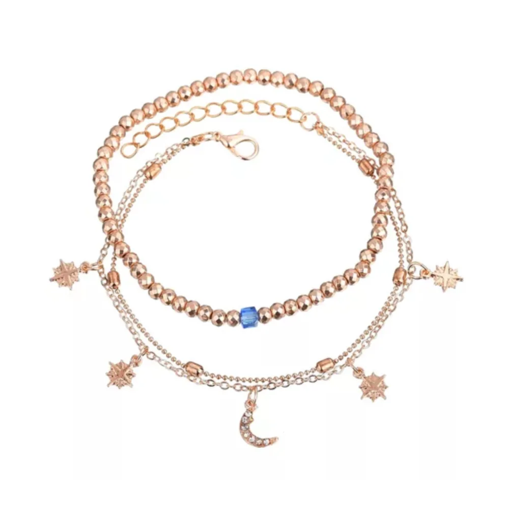 

Summer new European and American anklet multi-layer women's beaded star moon pendant with diamonds