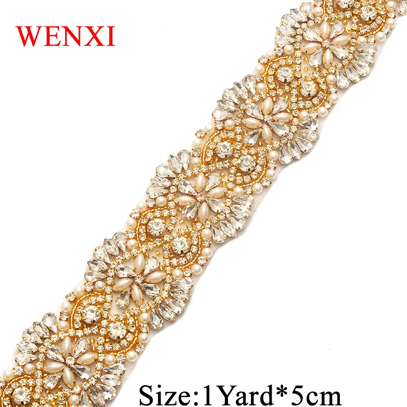 

WENXI 1YARD Handmade Clear Rose Gold Crystal Pearls Rhinestones Applique Accessory Sewing On For Bridal Dress Belt WX811