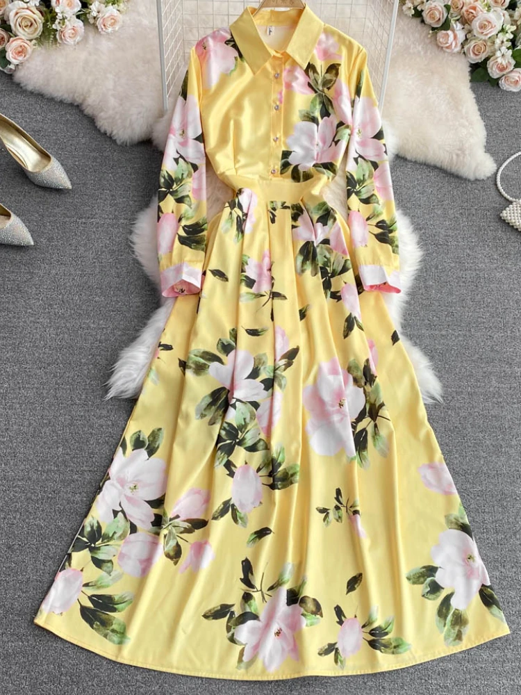 

Floral Print Elegant Midi Women Autumn Party Dress Long Sleeve Vintage Slim A-Line Beach Holiday Vestidos Femme Casual Boho Robe