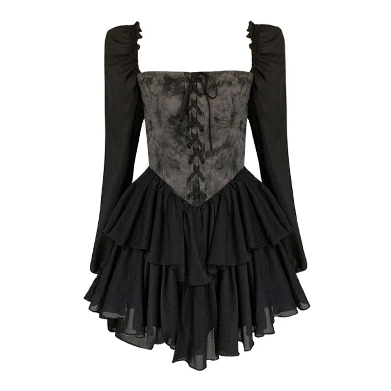 

2023 Spring Vintage Elegant Black Sweet Princess Dresses Square Collar Long Sleeve Patchwork Women Evening Party Midi Dresses