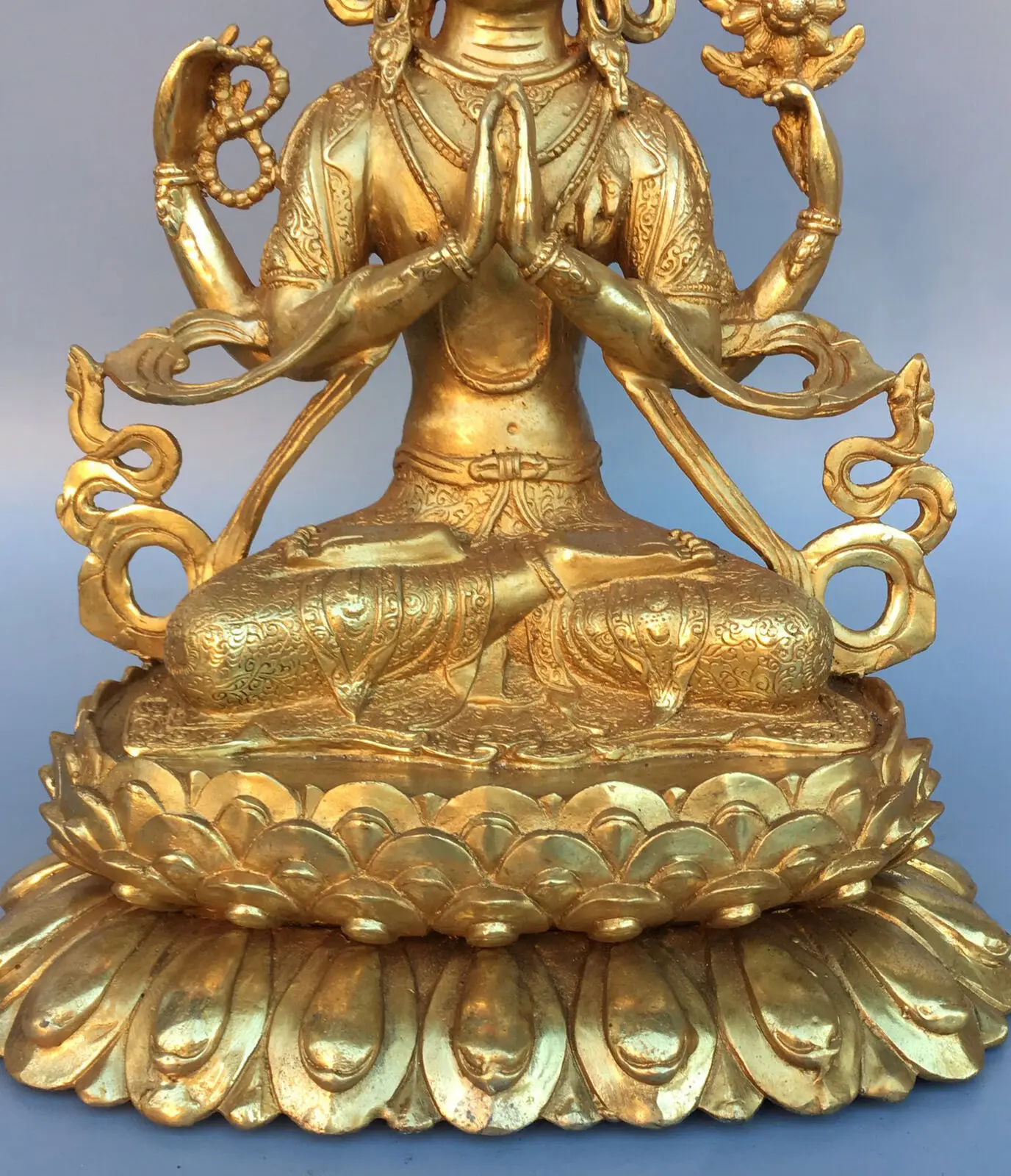 12-дюймовая бронзовая позолоченная статуя Будды Ченрезиг Кван-инь Гуаньинь с 4