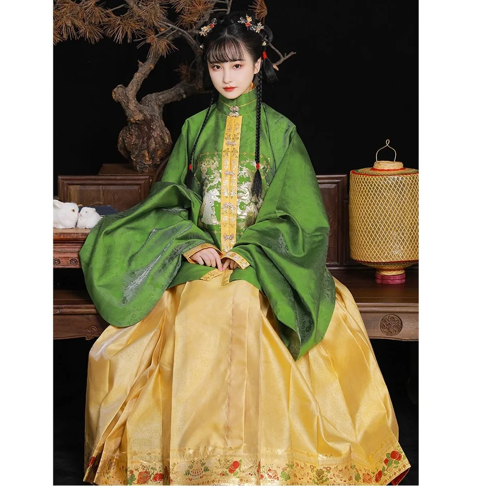 

ShangGongYu Spring Chinese Rabbit Weaving Gold Green Hanfu Top for Women Ming Dynasty Stand Collar Large Sleeve Tang Suit Shirt