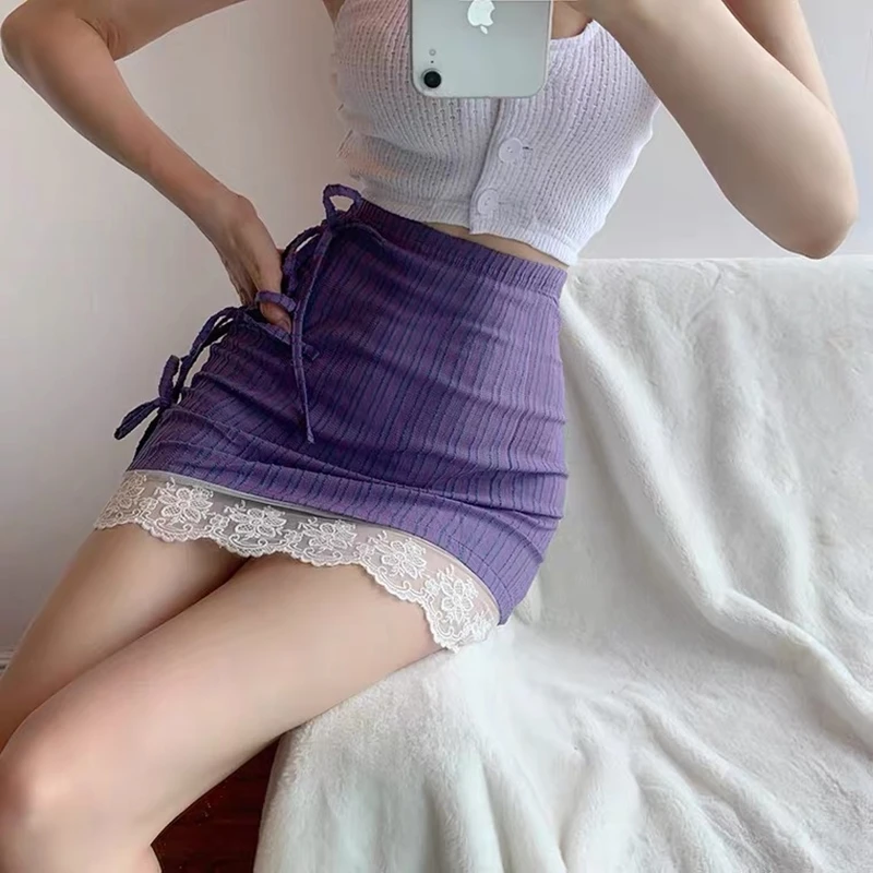 

Summer Retro High Waist Strappy Skirt Y2k Feminine Lace Stitching Bag Hip Mini Skirt Purple e girl Casual Skirt faldas harajuku