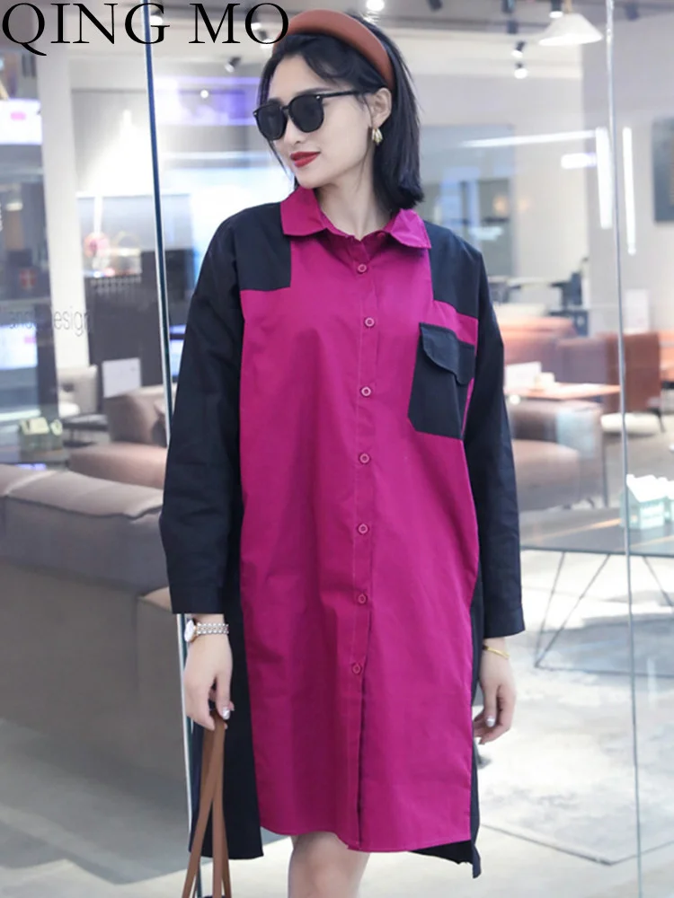 

QING MO Splice Shirt Dress Long-sleeved 2023 Spring Autumn New Fashion Loose Large Size Women's Dress ZXF1639