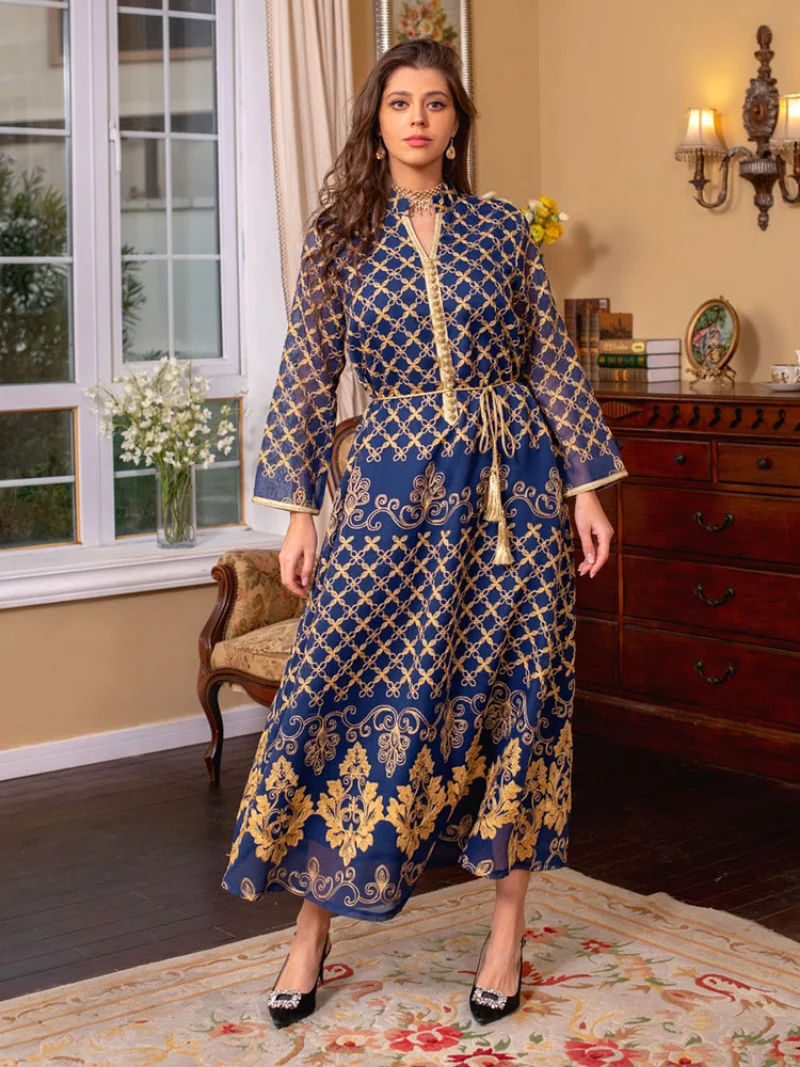 Moroccan Embroidery Kaftan Long Dress Women  Floral Imitation Linen Gulf Jalabiya Muslim Dubai Abaya Ramadan Eid Islam Clothes