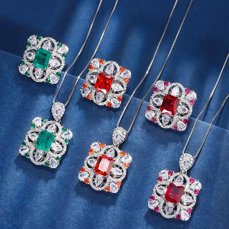

Sparkling Cubic Zirconia Lab Created 8*10mm Ruby Emerald Jewelry Sets For Women Free Shipping Pendant Necklace Ring Silver Alloy