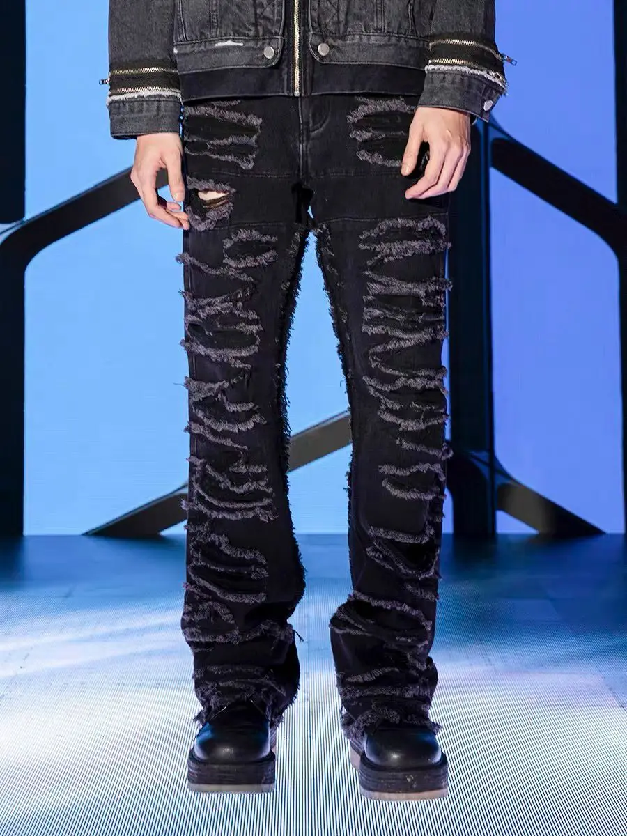 European and American high street washed cat mustache damaged patch jeans made old beggars show thin leg pants ins tide