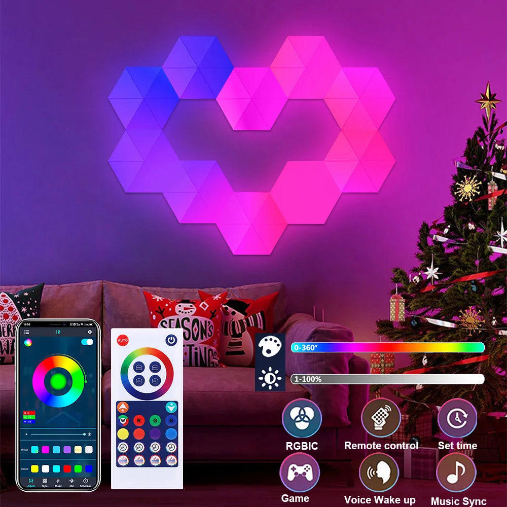 

Smart Bluetooth LED Hexagon Wall Light RGB APP/Remote Control Geometric Modular Music Sync Night Light Game Living Room Decor