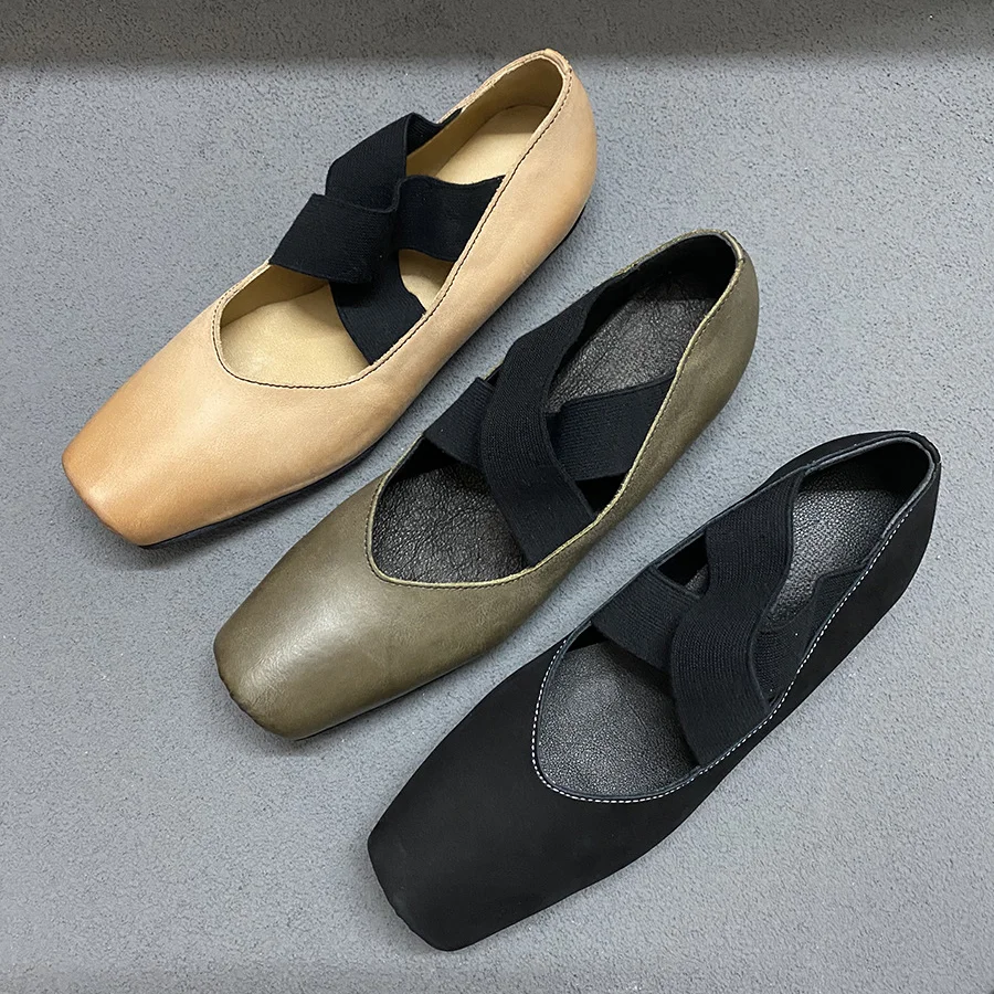 Женские кожаные туфли ручной работы Балетные Туфли Мэри Джейн с квадратным носом