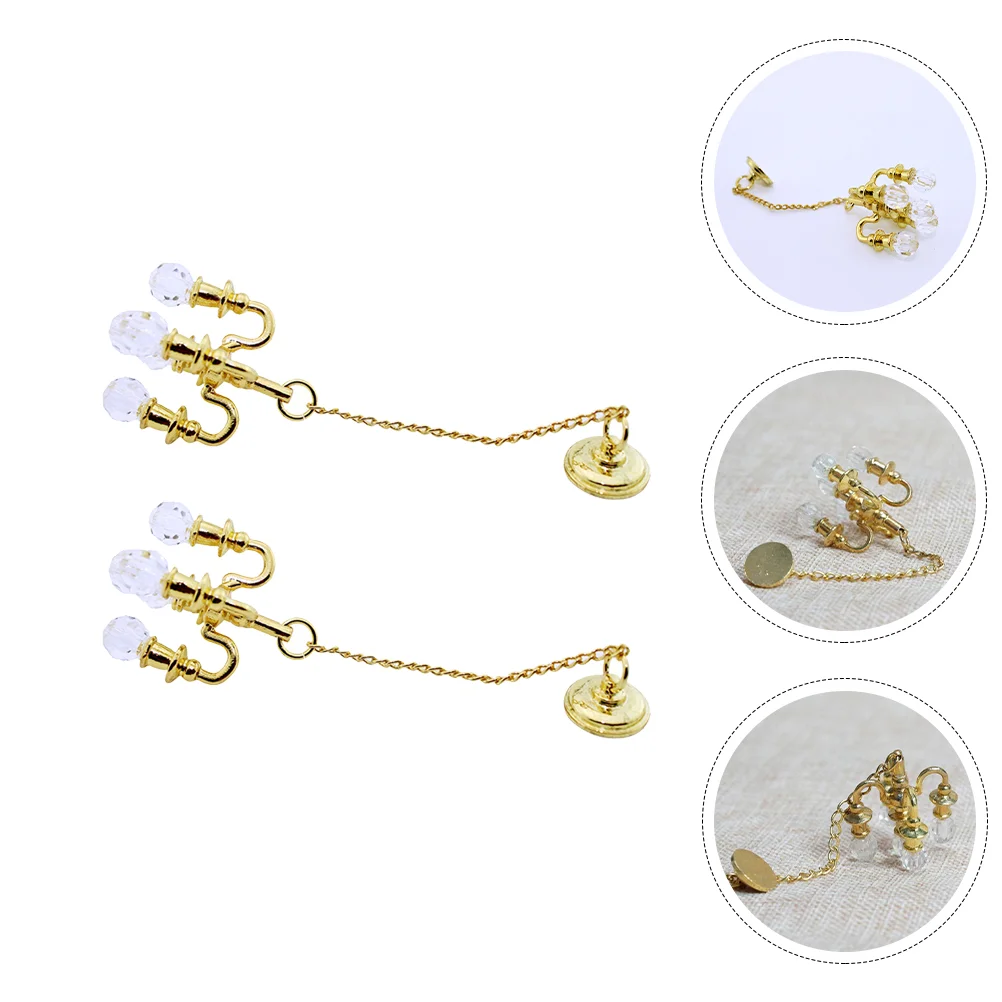 

2 Pcs Mini Crystal Chandelier House Ceiling Lamp Pendants DIY Hanging Adornment Alloy Miniatures Baby