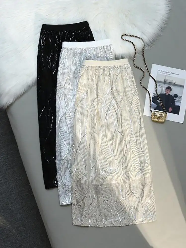 

Black Whitesequin Sexy Long Elegant High-waisted Women's Summer Skirts Korean Style Fairy Skirt Fashion 2023 Office Clothes Boho