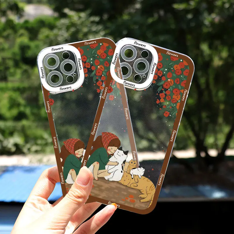 

Sweet Cool Girl Cat and Rose for Iphone 13 14 11 12 Pro Max 7 8 14 Plus SE 2020 X XS XR Transparent Phone Case Shell Funda Cover