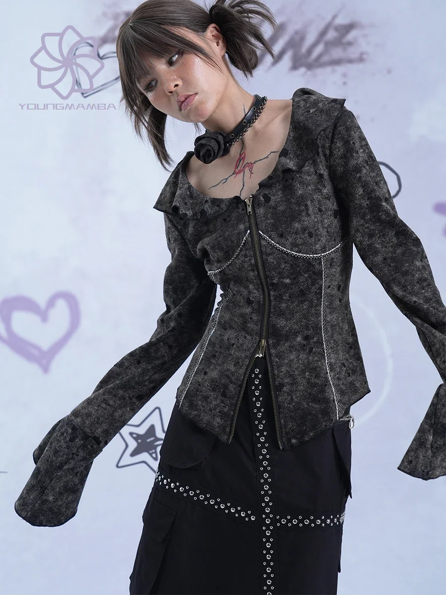 

American Retro Ruffled Flared Sleeve Shirts for Women Autumn Slim Fit Zipper Blouse Women's Vintage Long Sleeve Tops