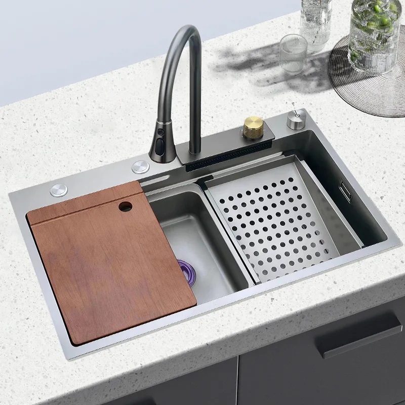 

304 кухонная раковина из нержавеющей стали, дождевой смеситель «Водопад», встроенная большая раковина для мытья овощей с одним отверстием
