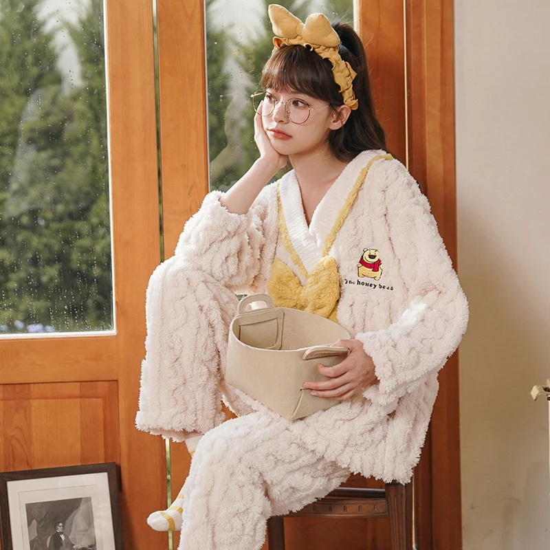 

New Winter Autumn Pajiamas 2 Pieces Sleepwear Sets Flannel Warm Pyjamas V-neck Pijiamas Pockets Loungwear Cardigan Pajamas
