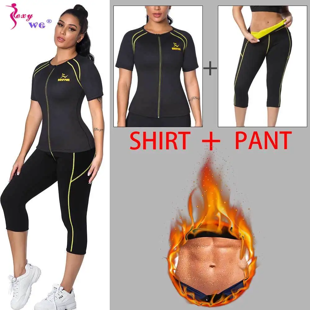 

SEXYWG Women Sauna Set Neoprene Sweat Suit Pants for Weight Loss Tank Top T-shirt Slimming Leggings Capris Short Sleeve Gym