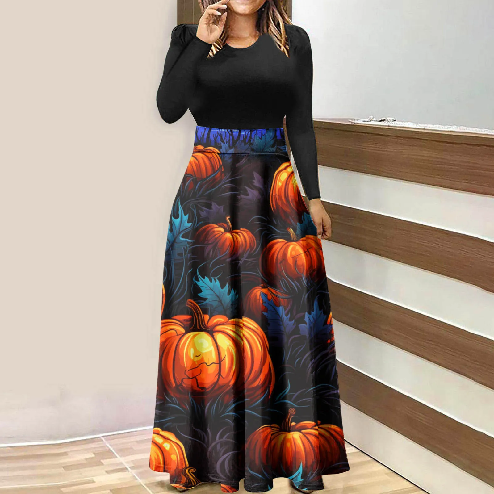 

Womens Halloween Dresses Long Sleeve Crewneck High Waisted Dress Trendy Graphic Party Long Dress Knee Length Summer Dress