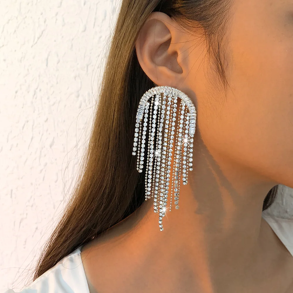

Personality Creative Curved Full Diamond Zircon Shining Tassel Earrings