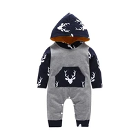 spring fall baby romper cartoon elk print hooded long sleeve baby jumpsuit in grey for baby clothes baby boy rompers 0 18m