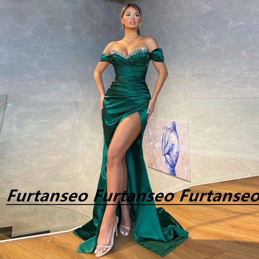 

Classic Satin Mermaid Prom Dress Off The Shoulder High Split Draped Back Zipper Beaded Sweep Train Backless Vestidos De Gala