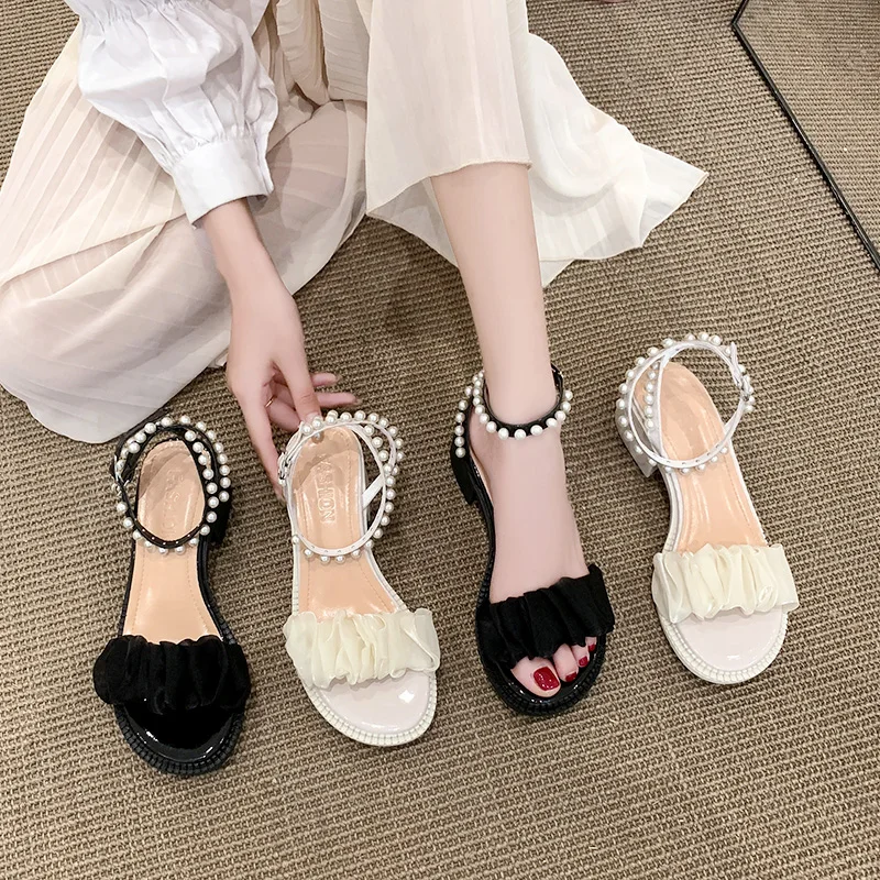 

Comfort Shoes for Women All-Match High Heel Sandals Med 2022 Summer Suit Female Beige High-heeled New Block Pearl Fashion Medium