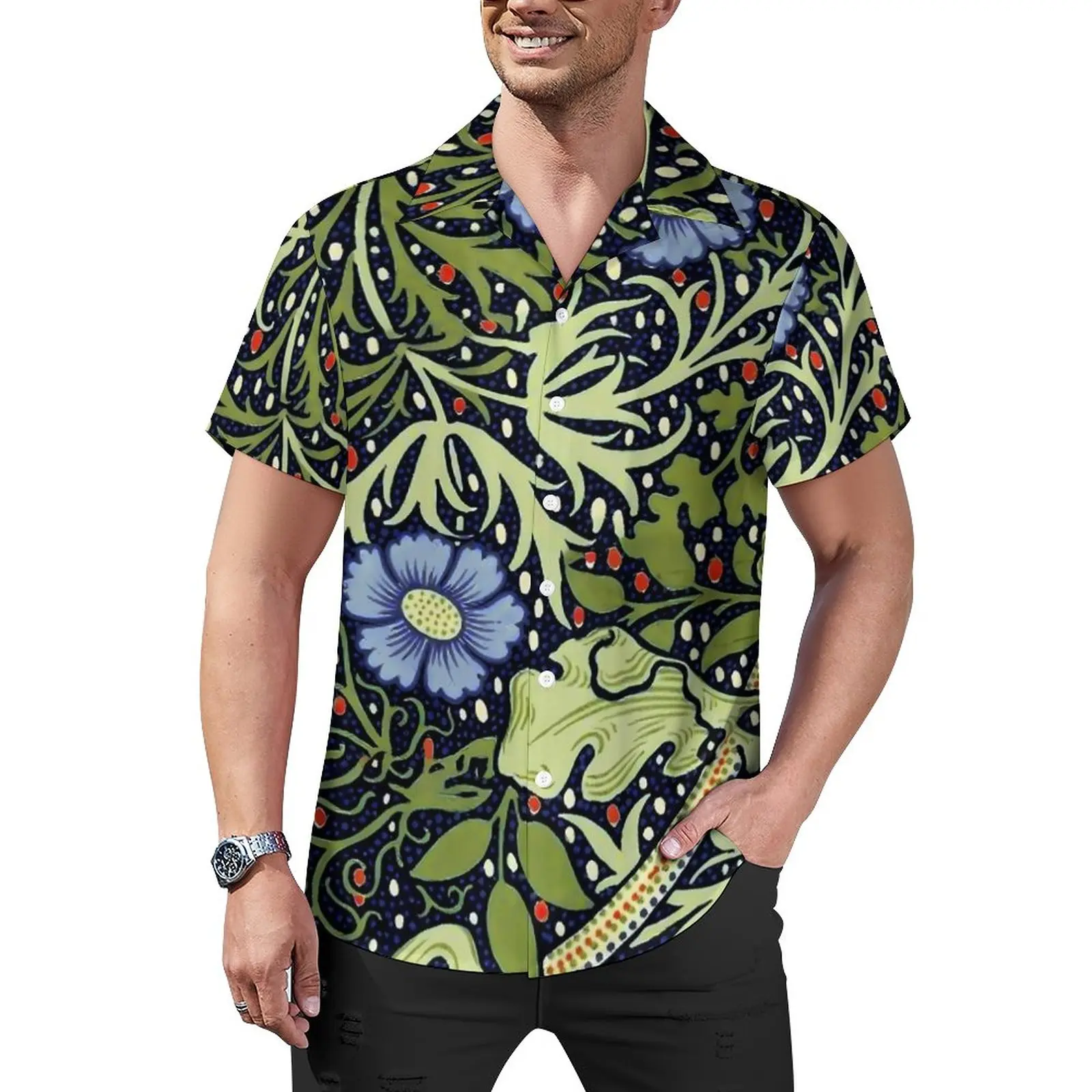 

Blue Floral Blouses Male Antique Flower Casual Shirts Hawaii Short-Sleeve Graphic Funny Oversized Beach Shirt Birthday Gift