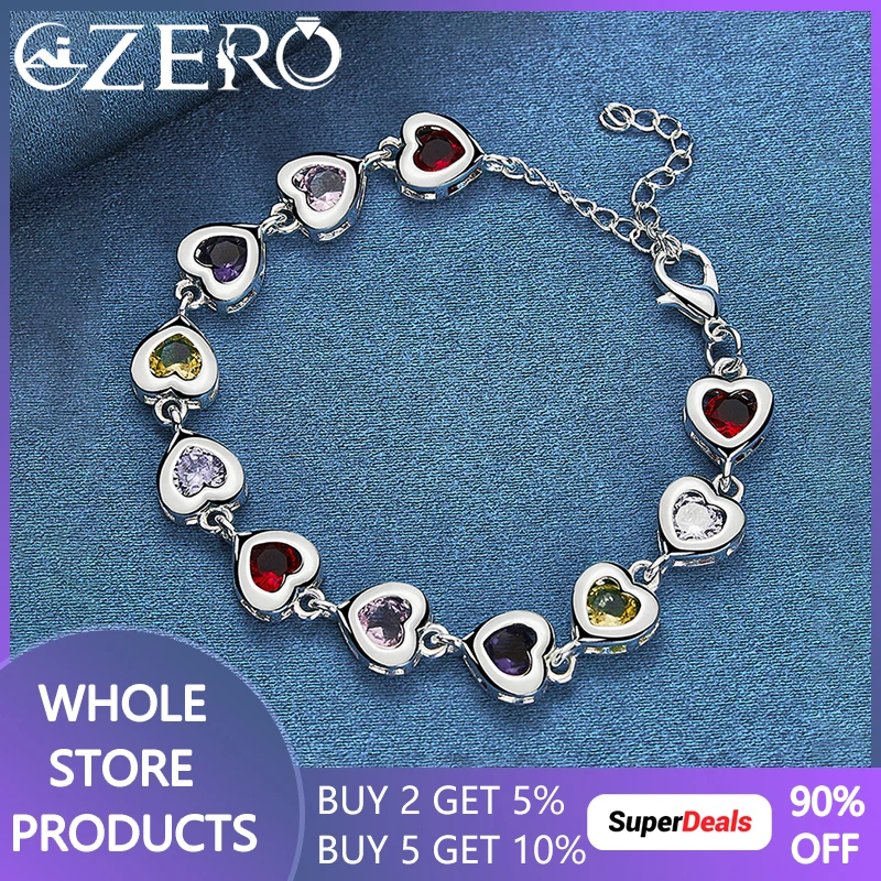 

Hot 925 Sterling Silver Heart Multi-Color Crystal Chain Bracelet For Women Fashion Wedding Party Jewelry Valentine'S Day Gift