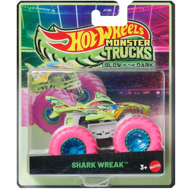 Фото Коллекционная модель грузовика Mattel Hot Wheels Monster Trucks Glow-in-the-Dark Shark Wreak JFX08 — светящаяся в темноте игрушка для мальчиков от 3 лет. №3