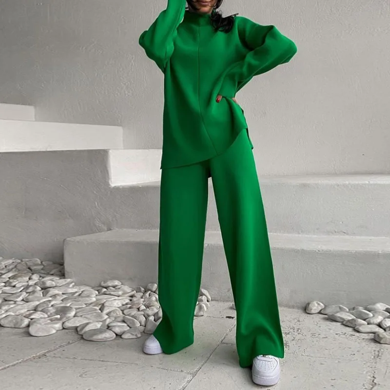

Women Knitted Pants Sets Fashion Casual Female Solid 2 Piece Pant Outfits Long Sleeve Top And Wide Leg Pants