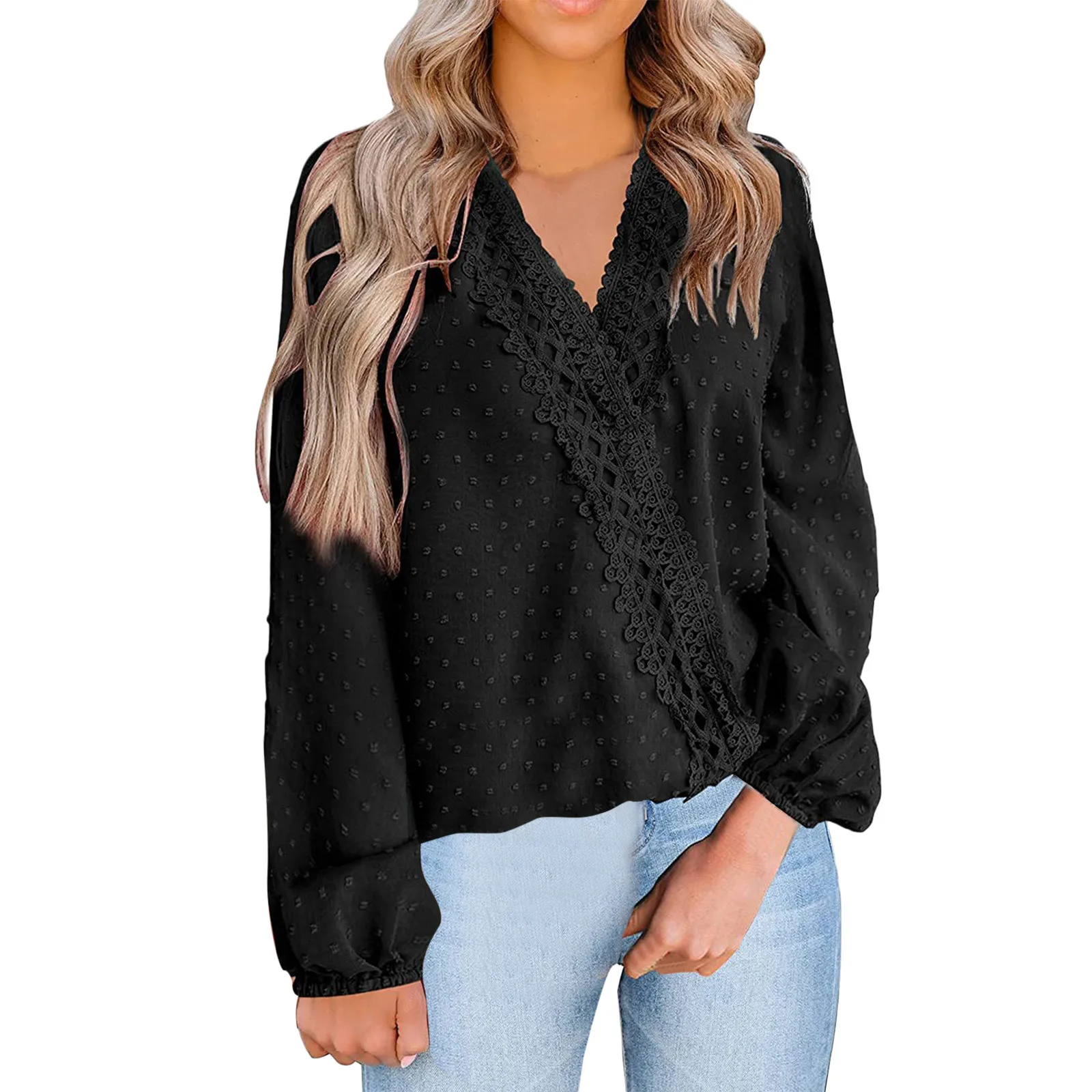 

Women's Summer Fashion Top Blouse Casual Chiffon Long Lantern Sleeve Tops Blouse E;egant V Neck Solid Color Top