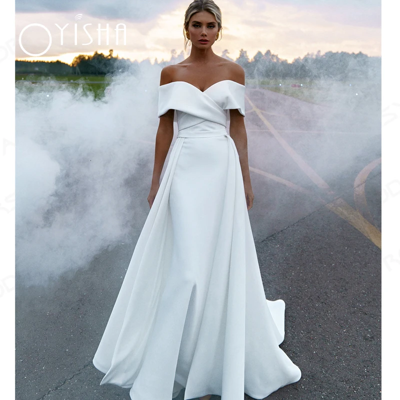 Oyisha Mermaid Wedding Dresses 2023 Soft Satin Bridal Gowns Off The Shoulder Princess Wedding Party Dress With Detachable Skirt